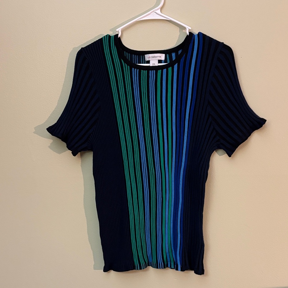 Liz Claiborne Black Top with Green and Blue Stripes